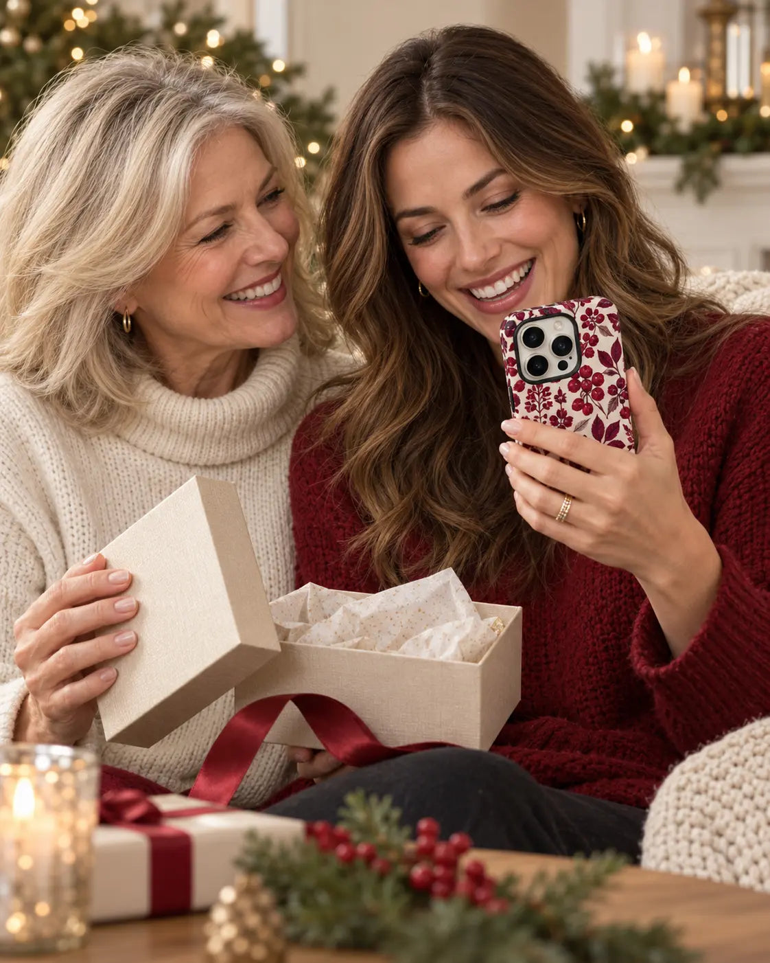 Mother and adult daughter sharing a patterned Full-Wrap phone case gift