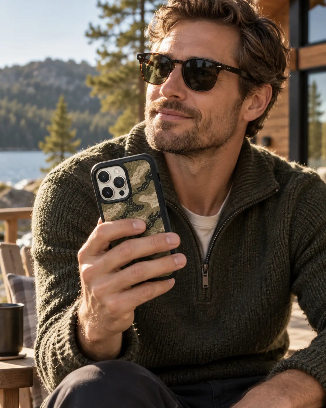 Man at a lakeside cabin carrying a Black Bumper case with an original topographic camo pattern