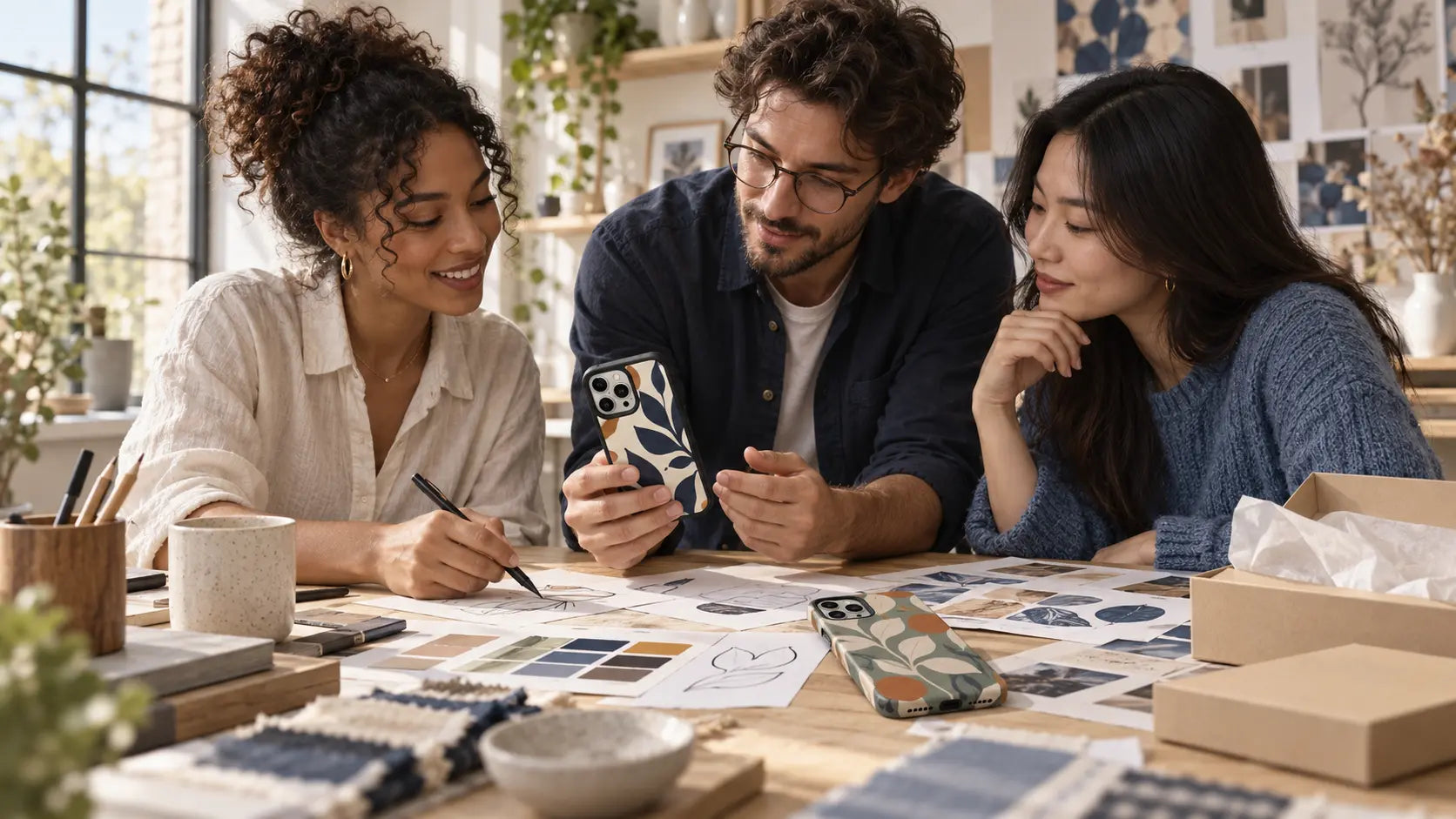 A small creative team developing patterned phone cases around a studio worktable