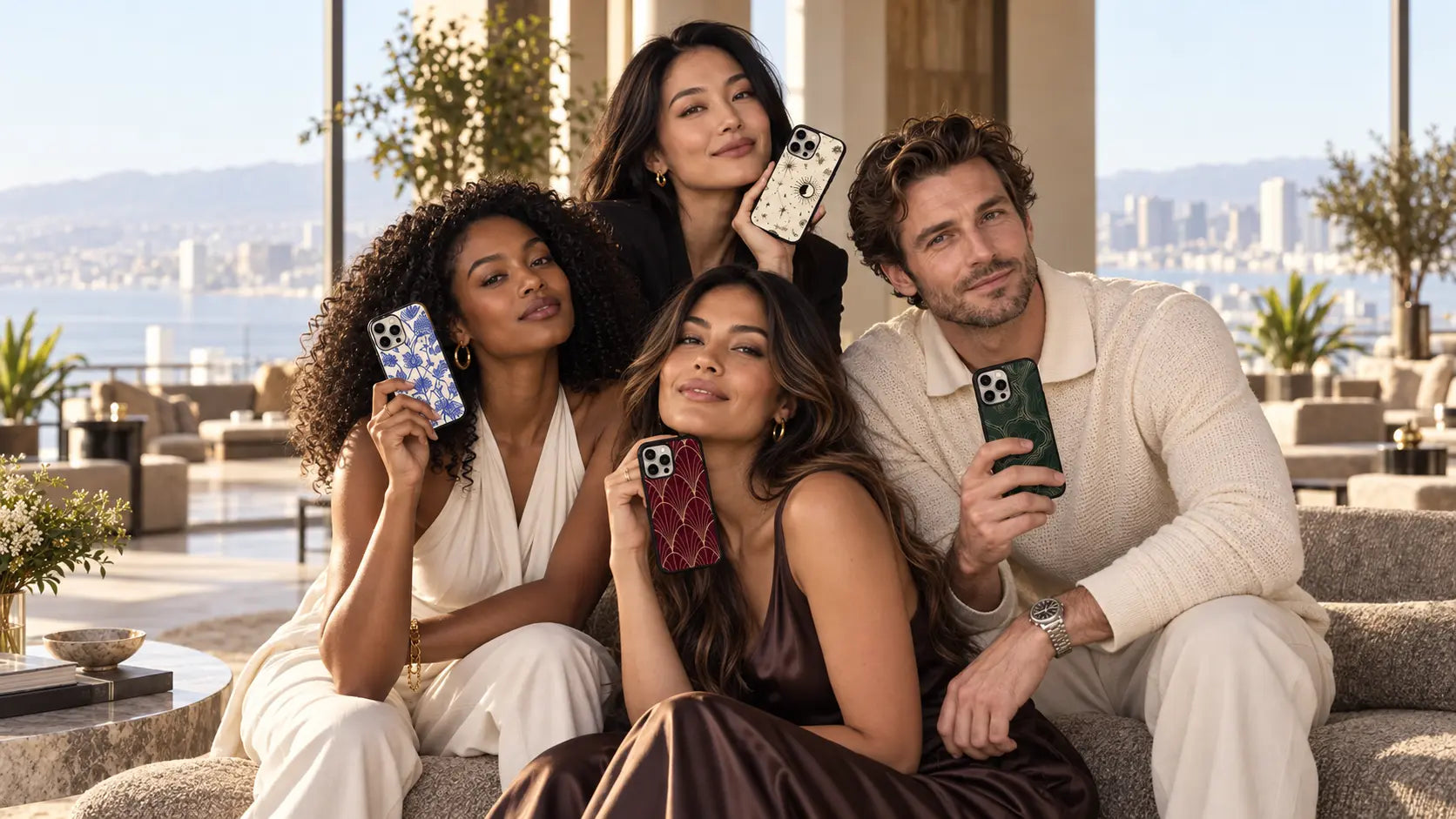 Four people carrying four patterned Ehreus iPhone cases