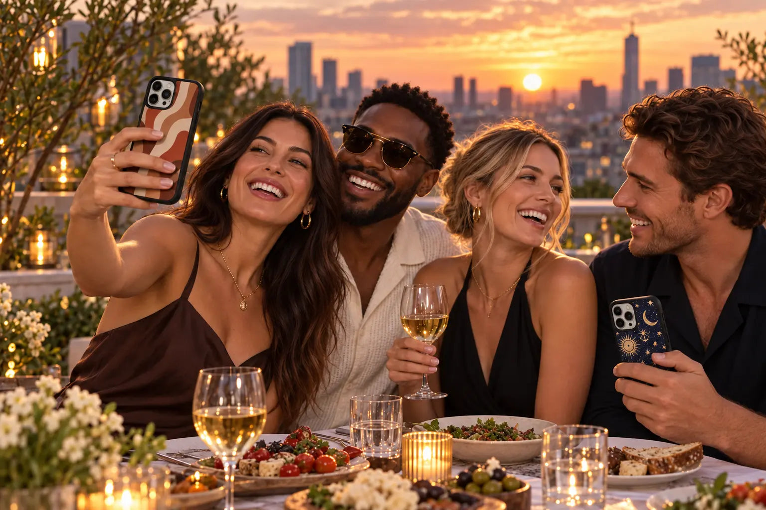 Four friends at a rooftop dinner with two patterned phone cases visible