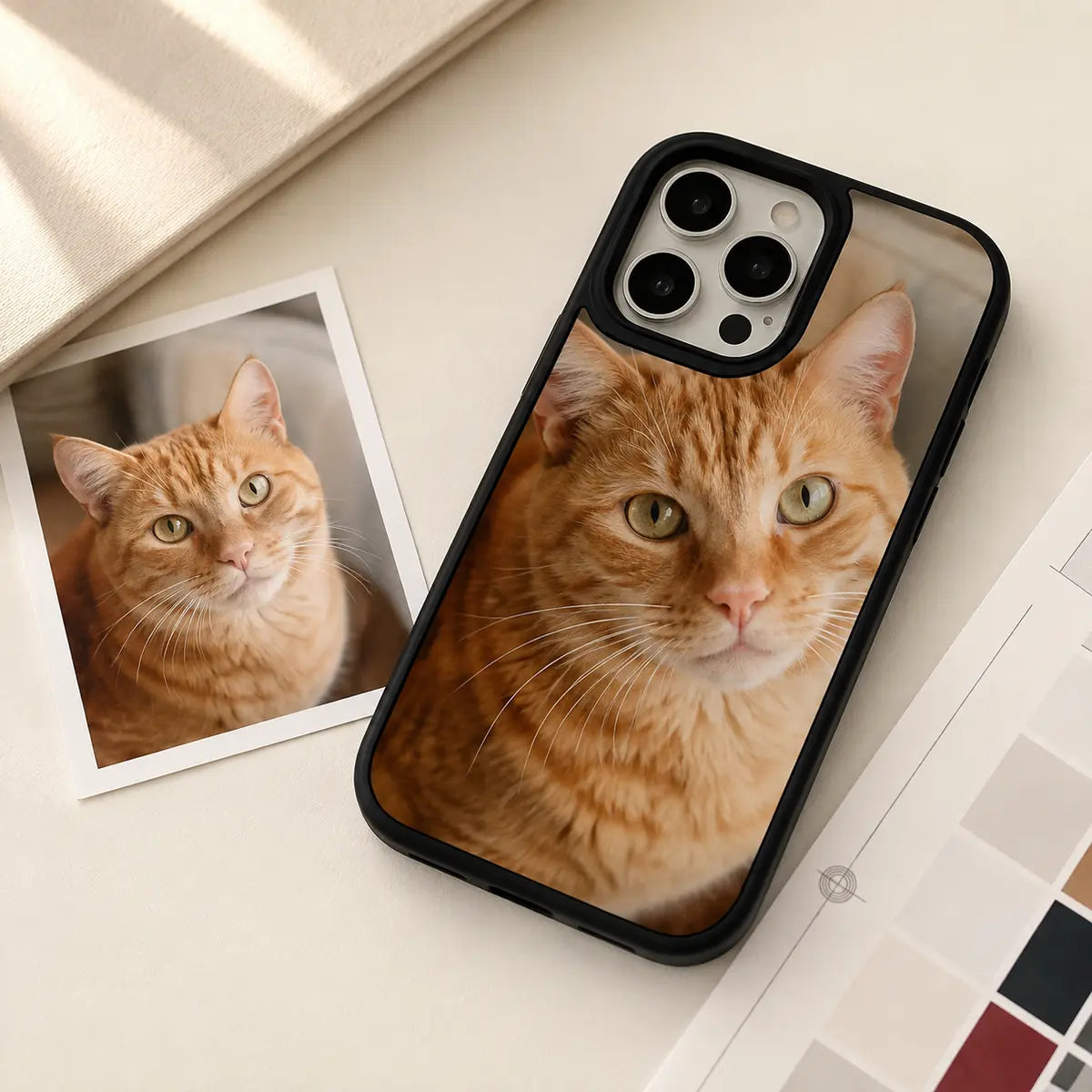 A customer cat photo transformed into a black bumper custom phone case