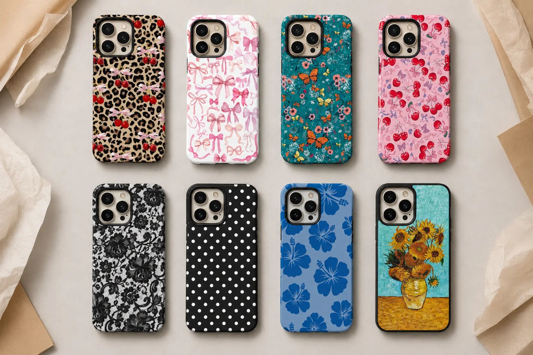 Eight unique Ehreus phone case patterns arranged in two rows